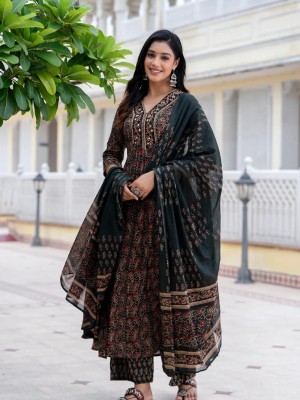 Bottle Green Sequence Work V-Neck Cotton Kurti Pant Dupatta Salwar Kameez For Women (Set Of 3)