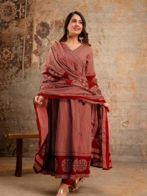 Red Heavy Look Flaired Kurti Work On V-Neck Cotton Kurti Pant Dupatta Salwar Kameez For Women (Set Of 3)