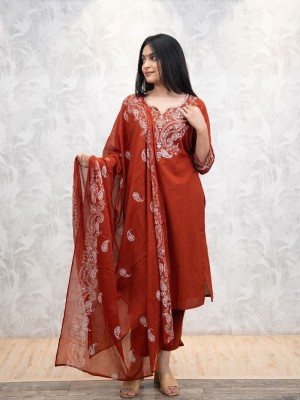 Heavy Embroidery Work On Neck A-Line Cotton Kurti Pant Dupatta Salwar Kameez For Women (Set Of 3)