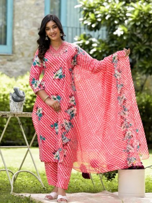 Pink Lahriya Embroidery Work On Neck A-Line Cotton Kurti Pant Dupatta Salwar Kameez For Women (Set Of 3)