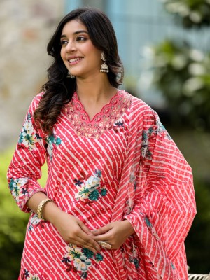 Pink Lahriya Embroidery Work On Neck A-Line Cotton Kurti Pant Dupatta Salwar Kameez For Women (Set Of 3)