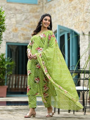 Green Lahriya Embroidery Work On Neck A-Line Cotton Kurti Pant Dupatta Salwar Kameez For Women (Set Of 3)