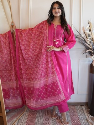 Pink Sequence Work On Neck With Tassel A-Line Cotton Kurti Pant Dupatta Salwar Kameez For Women (Set Of 3)