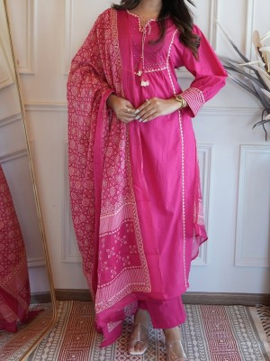 Pink Sequence Work On Neck With Tassel A-Line Cotton Kurti Pant Dupatta Salwar Kameez For Women (Set Of 3)
