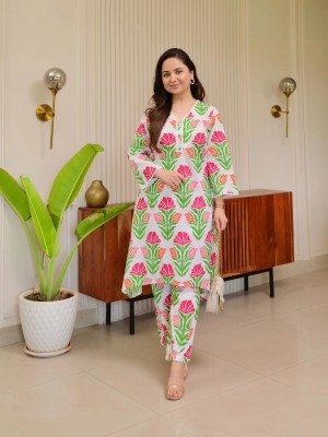White Green Indian A-Line Floral Block Printed Cotton Salwar Kameez Kurti Pant Co Ord Set for Women (Set of 2)