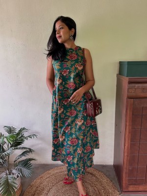 Teal Floral Printed Sleeveless Cotton Salwar Kameez Kurti Pant Co Ord Set for Women