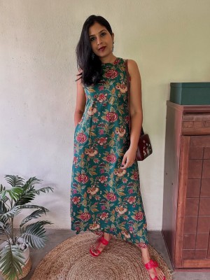 Teal Floral Printed Sleeveless Cotton Salwar Kameez Kurti Pant Co Ord Set for Women