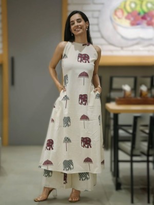 Elephant Printed White Sleeveless Cotton Salwar Kameez Kurti Pant Co Ord Set with Pockets for Women