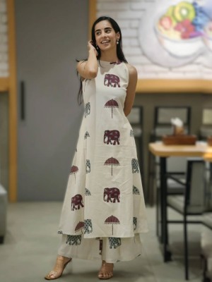 Elephant Printed White Sleeveless Cotton Salwar Kameez Kurti Pant Co Ord Set with Pockets for Women