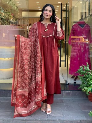 Maroon Sequence Work On Neck With Tassel A-Line Cotton Kurti Pant Dupatta Salwar Kameez For Women (Set Of 3)