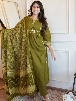 Green Sequence Work On Neck With Tassel A-Line Cotton Kurti Pant Dupatta Salwar Kameez For Women (Set Of 3)