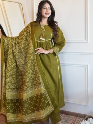 Green Sequence Work On Neck With Tassel A-Line Cotton Kurti Pant Dupatta Salwar Kameez For Women (Set Of 3)