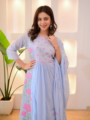 Sky Blue Heavy Embroidery Work Cotton Kurti Pant Dupatta Salwar Kameez For Women (Set Of 3)