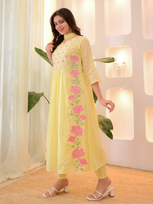 Light Yellow Heavy Embroidery Work Cotton Kurti Pant Dupatta Salwar Kameez For Women (Set Of 3)