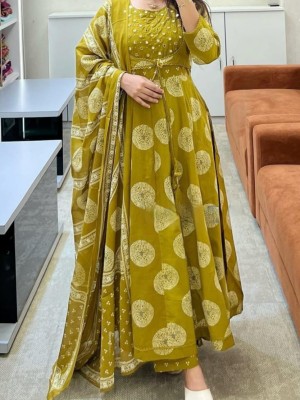Olive Green Anarkali Shrug Pattern Mirror Moti Work On Yoke Cotton Kurti Pant Dupatta Salwar Kameez For Women