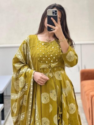 Olive Green Anarkali Shrug Pattern Mirror Moti Work On Yoke Cotton Kurti Pant Dupatta Salwar Kameez For Women