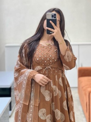 Light Brown Anarkali Shrug Pattern Mirror Moti Work On Yoke Cotton Kurti Pant Dupatta Salwar Kameez For Women