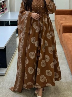 Light Brown Anarkali Shrug Pattern Mirror Moti Work On Yoke Cotton Kurti Pant Dupatta Salwar Kameez For Women