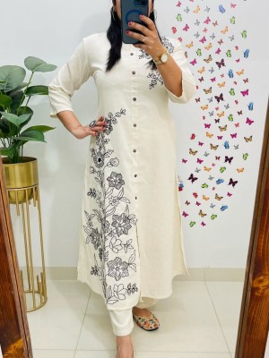 White Cotton Slub Embroidery On Kurti Pant Co-Ord Set For Women - Set Of 2