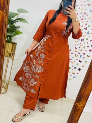 Orange Cotton Slub Embroidery On Kurti Pant Co-Ord Set For Women - Set Of 2