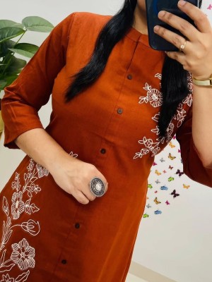 Orange Cotton Slub Embroidery On Kurti Pant Co-Ord Set For Women - Set Of 2