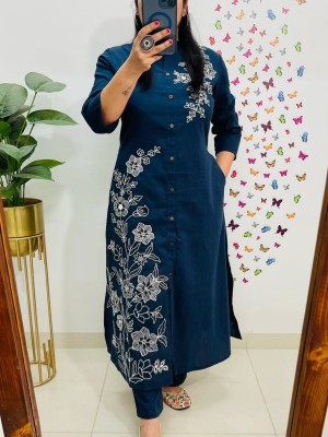 Blue Cotton Slub Embroidery On Kurti Pant Co-Ord Set For Women - Set Of 2