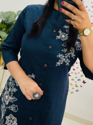 Blue Cotton Slub Embroidery On Kurti Pant Co-Ord Set For Women - Set Of 2