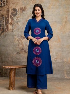 Blue Pure Cotton Slub Embroidered V-Neck Kurti Pant Co-Ord Set For Women - Set Of 2