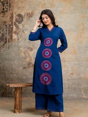 Blue Pure Cotton Slub Embroidered V-Neck Kurti Pant Co-Ord Set For Women - Set Of 2