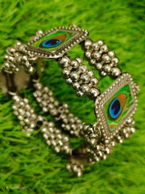 Krishna Peacock Feather Silver Oxidised Openable Bangle Bracelet Affordable Cuff Style Fashion Jewelry