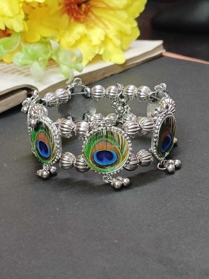 Krishna Peacock Feather Silver Oxidised Openable Bangle Bracelet Affordable Cuff Style Fashion Jewelry