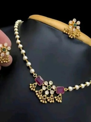 Elegant Traditional Indian Pearl Beads Work Mala Fashion Golden Choker Necklace Earrings Set