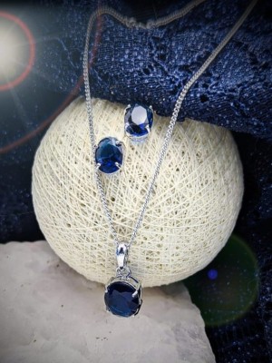 Blue AD Stone Silver Plated Designer Pendent Necklace Earring Set 