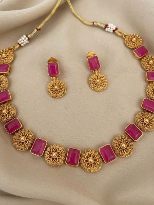 Rajeshwari - Golden Stone Gold Plated Designer Choker Necklace Earring Set for Women