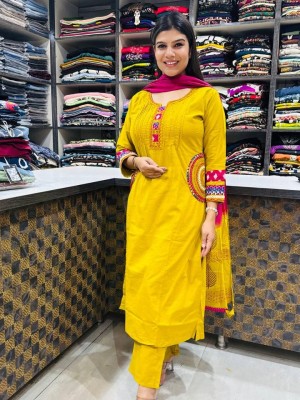 Beautiful Heavy Embroidery Work A-Line Cotton Kurti Pant Dupatta Salwar Kameez For Women (Set Of 3)