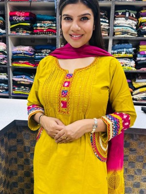 Beautiful Heavy Embroidery Work A-Line Cotton Kurti Pant Dupatta Salwar Kameez For Women (Set Of 3)