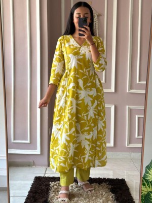 Mustard Yellow Pure Cotton Floral Printed V-Neck Kurti Pant Co-Ord Set For Women - Set Of 2