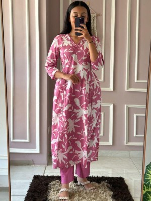 Pink Pure Cotton Floral Printed V-Neck Kurti Pant Co-Ord Set For Women - Set Of 2