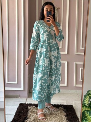 Teal Blue Pure Cotton Floral Printed V-Neck Kurti Pant Co-Ord Set For Women - Set Of 2