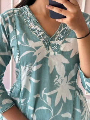 Teal Blue Pure Cotton Floral Printed V-Neck Kurti Pant Co-Ord Set For Women - Set Of 2