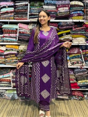 Purple Printed Straight Fit Cotton Kurti Pant Dupatta Salwar Kameez For Women (Set Of 3)