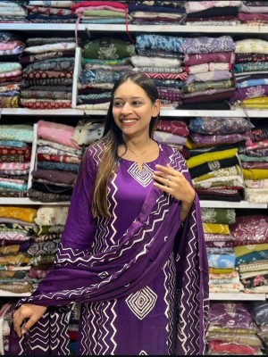 Purple Printed Straight Fit Cotton Kurti Pant Dupatta Salwar Kameez For Women (Set Of 3)