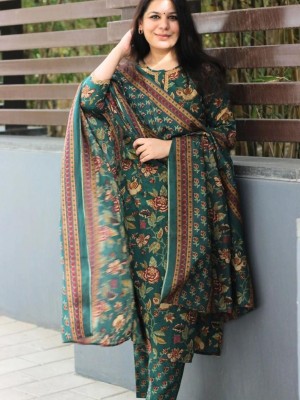 Beautiful Flower Printed Straight Fit Cotton Kurti Pant Dupatta Salwar Kameez For Women (Set Of 3)