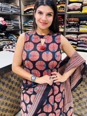 Stylish Work On Neck Printed Straight Fit Cotton Kurti Pant Dupatta Salwar Kameez For Women (Set Of 3)