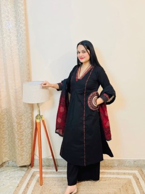 Black Beautiful Heavy Suit Embroidery Work A-Line Cotton Kurti Pant Dupatta Salwar Kameez For Women (Set Of 3)