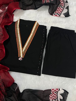 Black Beautiful Heavy Suit Embroidery Work A-Line Cotton Kurti Pant Dupatta Salwar Kameez For Women (Set Of 3)