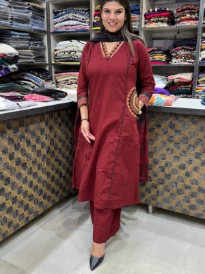 Maroon Beautiful Heavy Suit Embroidery Work A-Line Cotton Kurti Pant Dupatta Salwar Kameez For Women (Set Of 3)