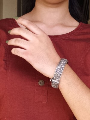 Bohochic Flower Designer Rustic Silver Oxidised Bracelet Kada Free Size Openable Kangan Bangle for Girls