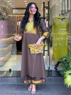 Pure Cotton Katha Work Straight Fit Cotton Kurti Pant Set For Women - Set Of 2