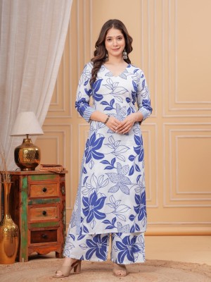 Blue Pure Cotton Floral Print Straight Fit Cotton Kurti Pant Co Ord Set For Women - Set Of 2